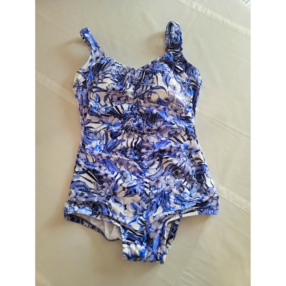 NWOT Women's Size 14 One Piece Swimsuit Blue Floral Ruched Tummy Control Swim